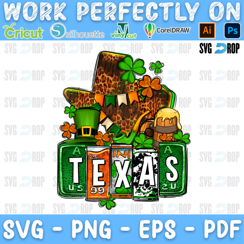 Texas lettering in license plate tiles with a leopard Texas map, a leprechaun hat, a beer mug and shamrocks. Sublimation PNG