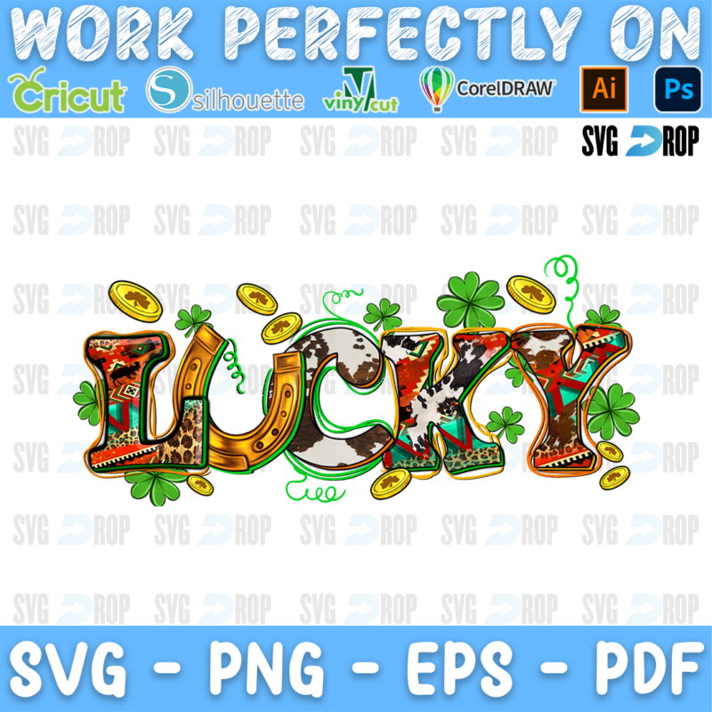 Western Lucky and Shamrocks Cowhide Lettering PNG
