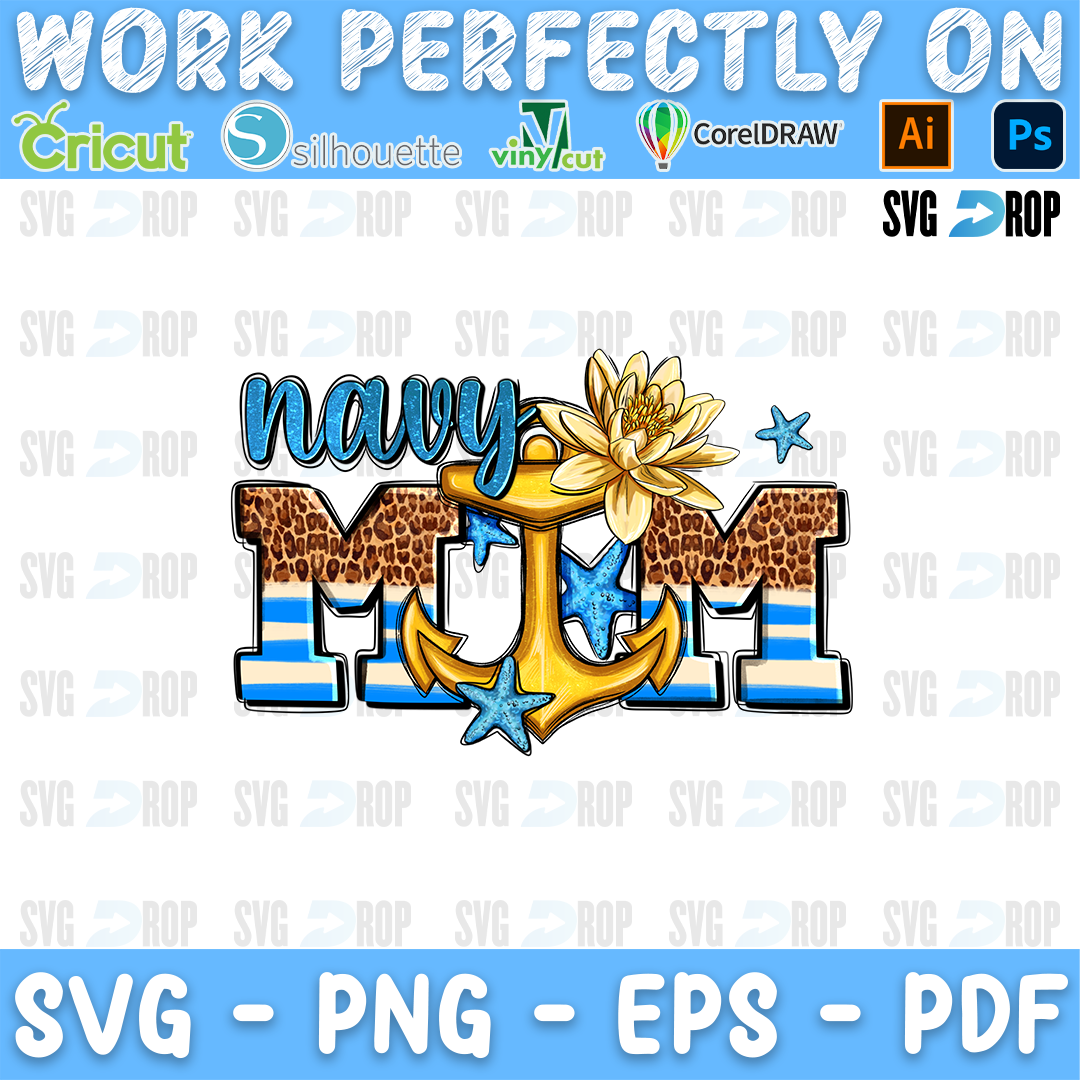 Navy Mom lettering in turquoise script and leopard, blue striped letters with a gold anchor and a water lily. Sublimation PNG