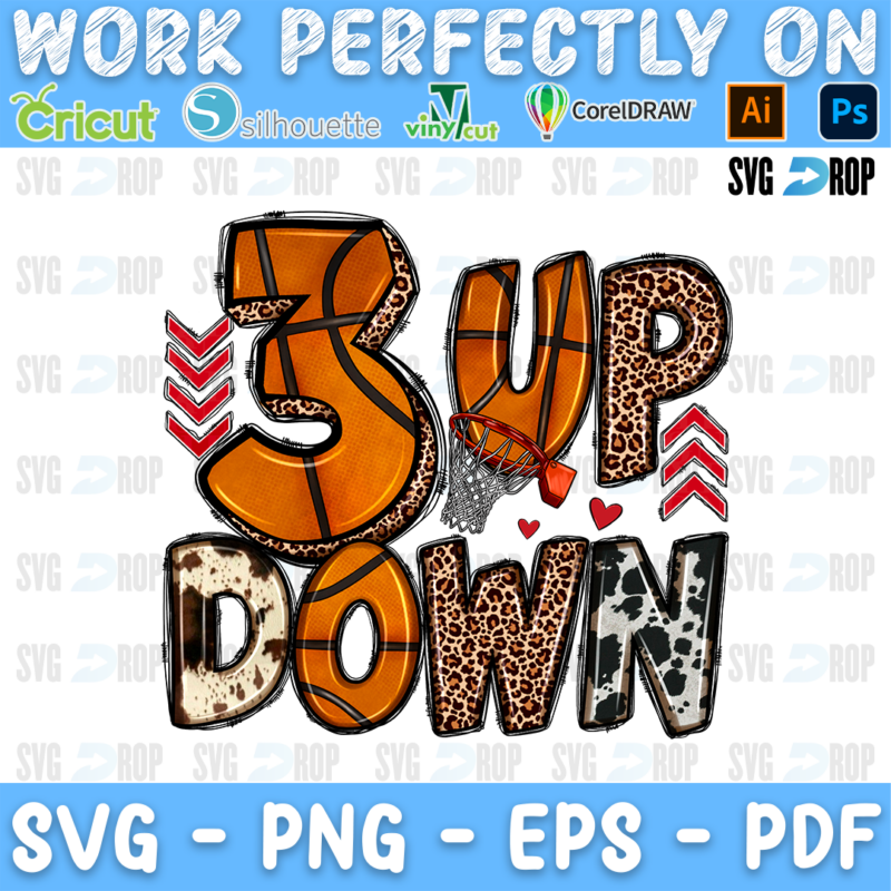 A basketball sublimation design with no background panel: 3 Up 3 Down in basketball and leopard letters with a hoop net, red chevron. Sublimation PNG
