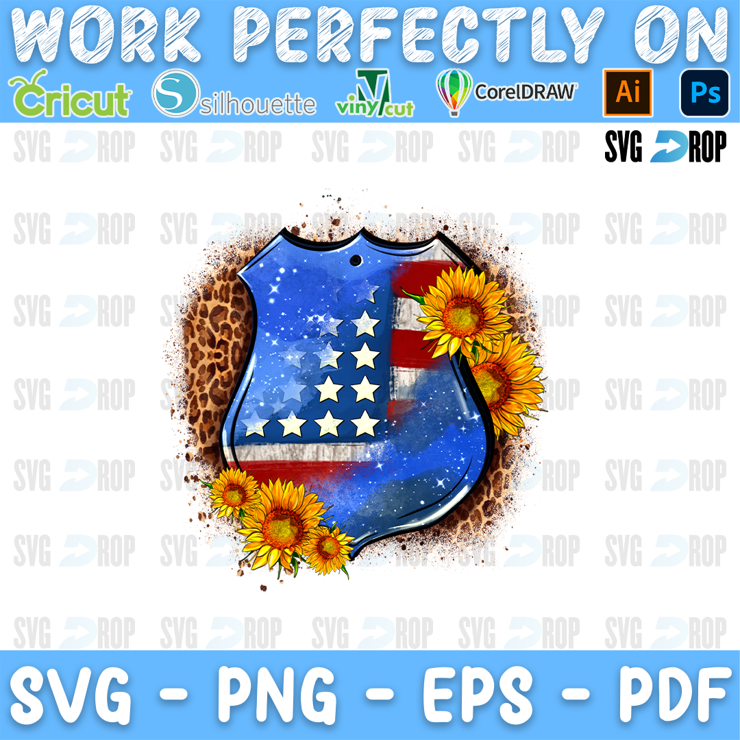 A police badge in American flag colors with sunflowers on a leopard splash. Sublimation PNG