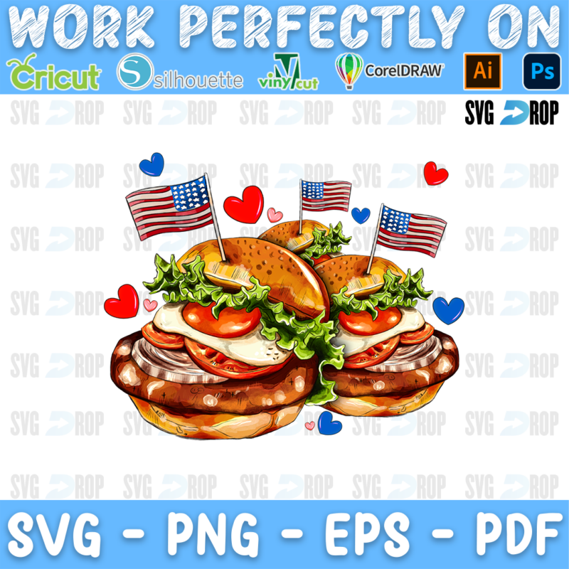 Two hamburgers with small American flags and red and blue hearts. Sublimation PNG