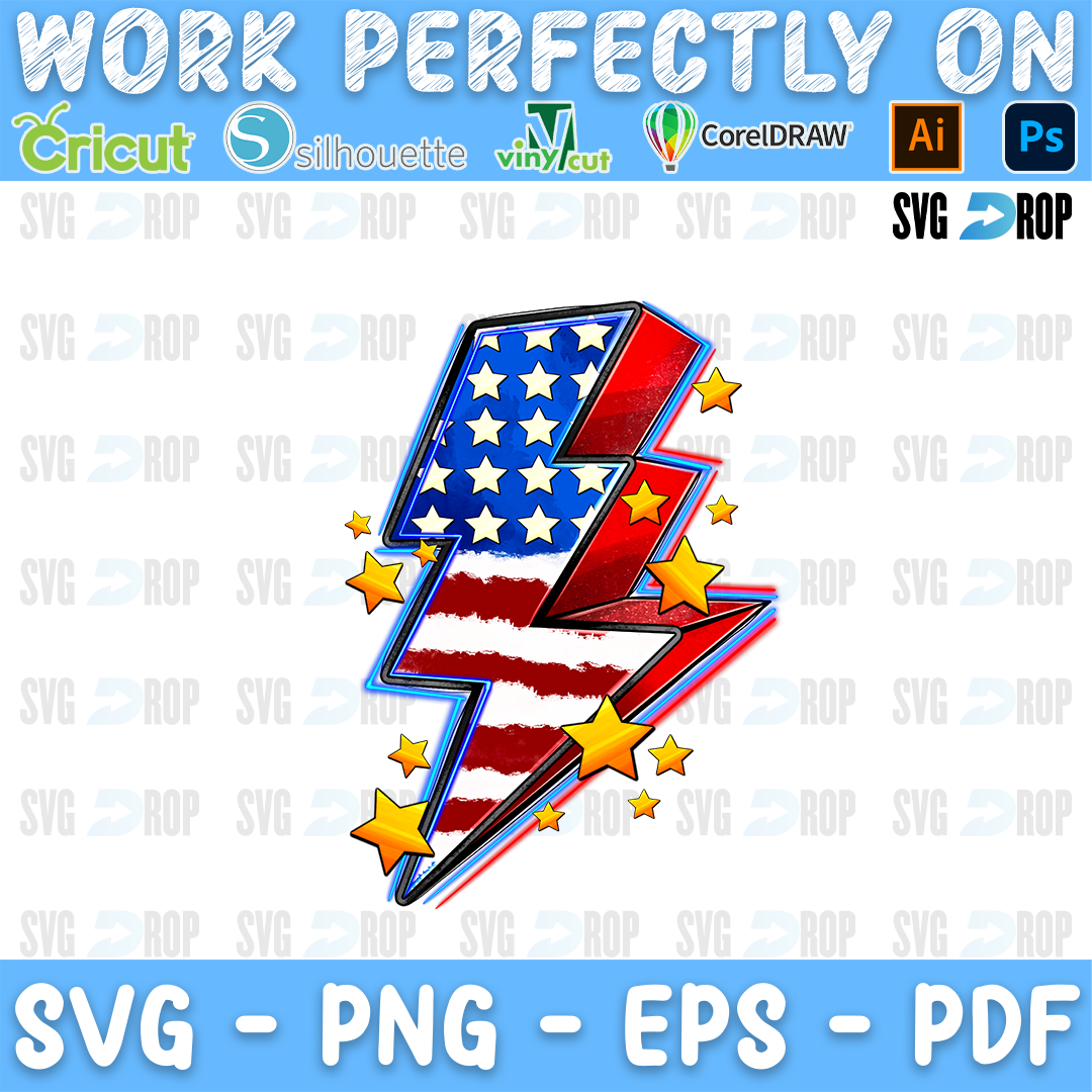 An American flag lightning bolt with gold stars. Sublimation PNG