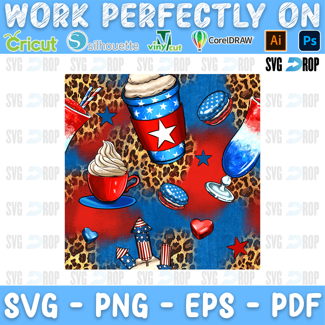A seamless pattern of patriotic coffee cups and drinks on red, blue and leopard print. Sublimation PNG