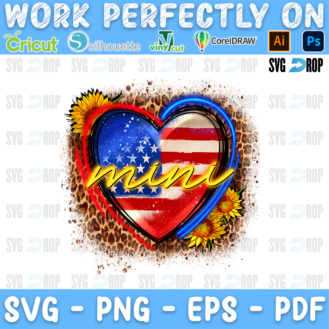 An American flag heart with Mini in yellow script and sunflowers on a leopard splash. Sublimation PNG