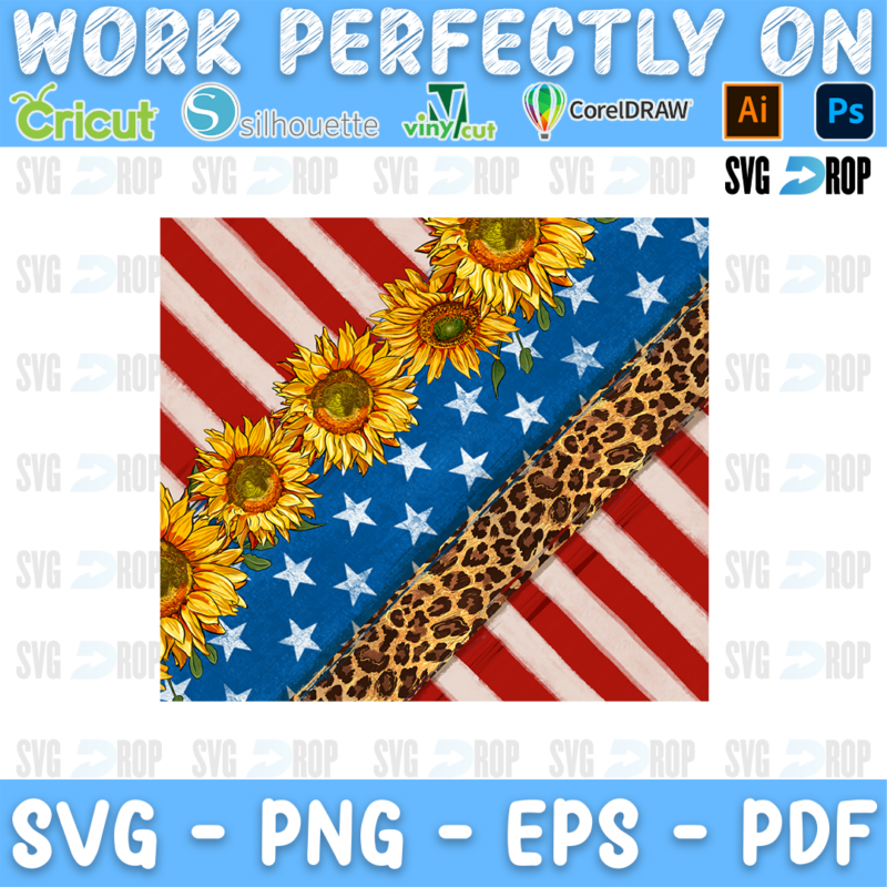 Diagonal American flag stripes and stars with a band of sunflowers and leopard print. Sublimation PNG