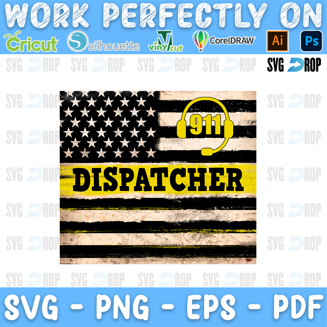 911 Dispatcher lettering on a black and white American flag with a thin yellow line and a headset. Sublimation PNG