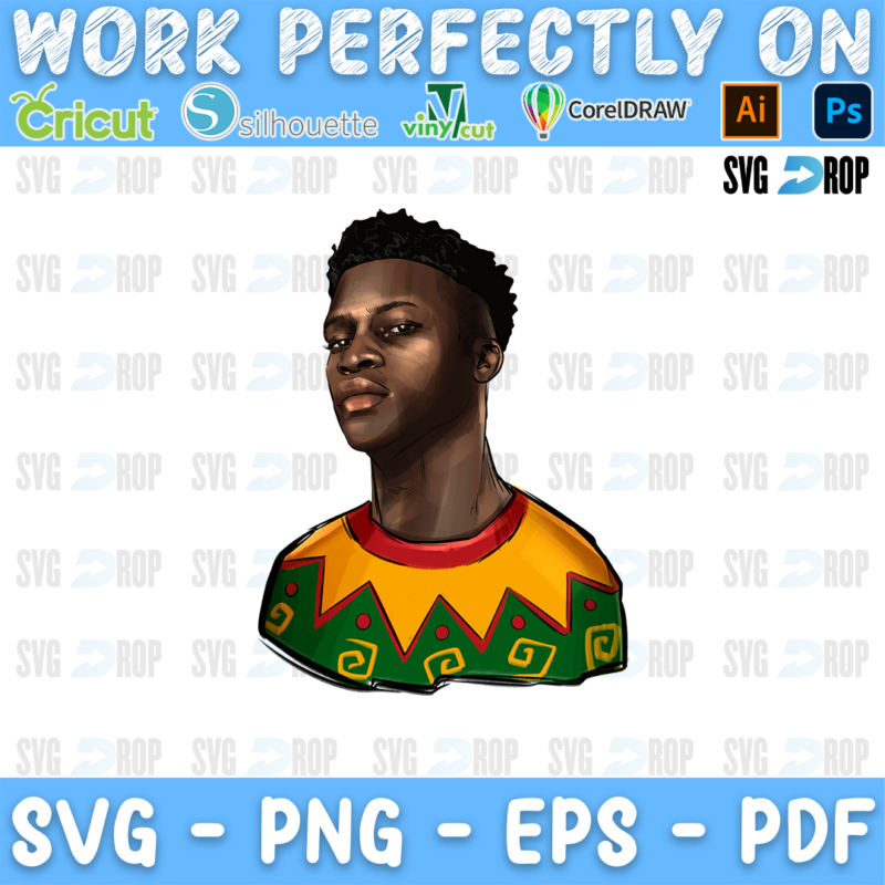 A young Black man with short curly hair in a red, yellow and green patterned shirt. Sublimation PNG