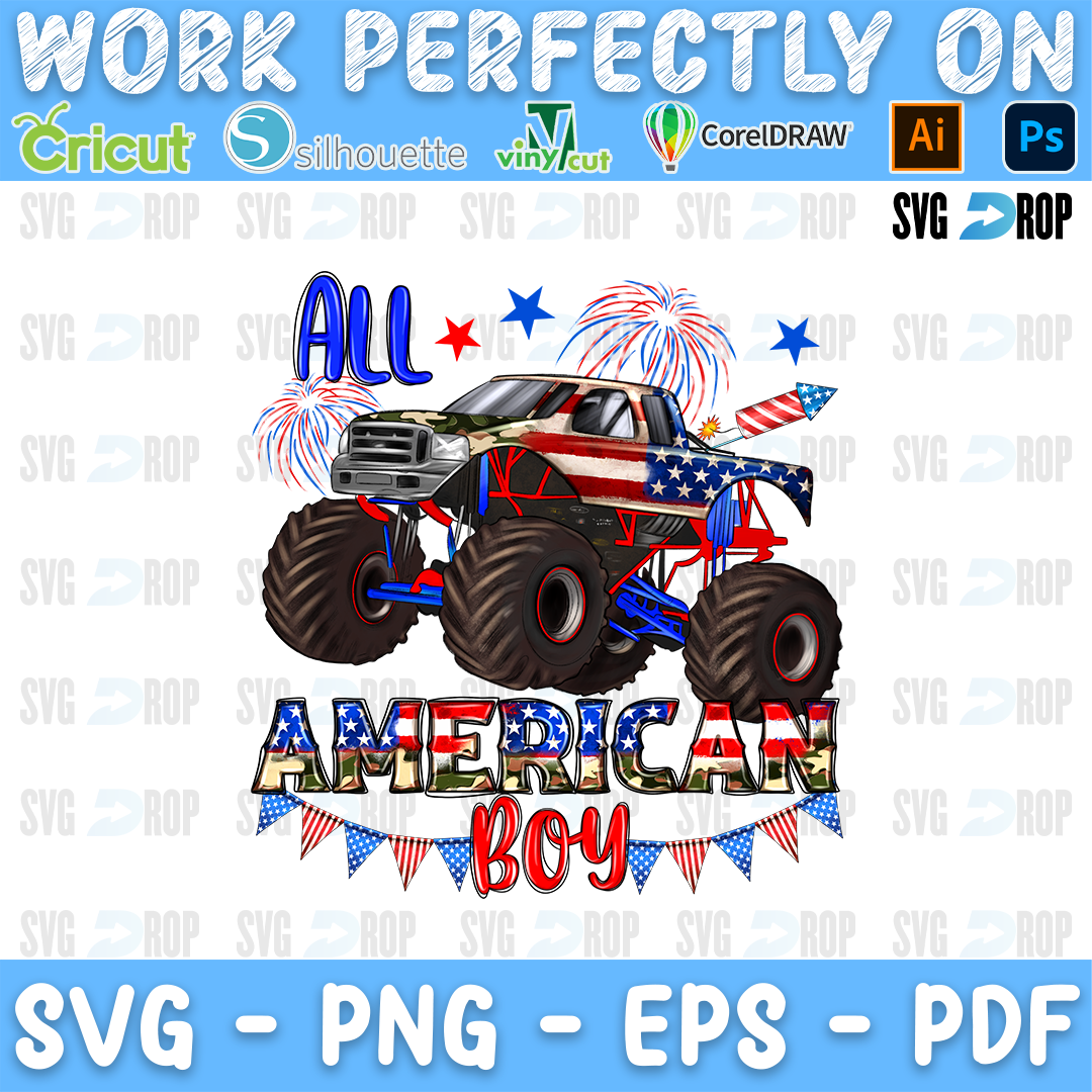 All American Boy lettering in flag and leopard letters with a patriotic monster truck, fireworks and bunting. Sublimation PNG