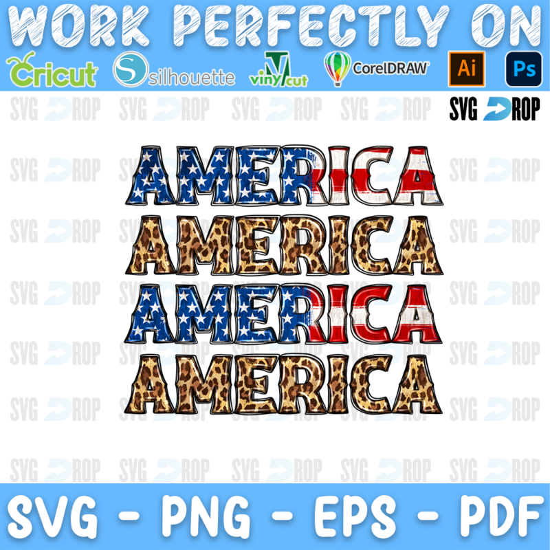 Stacked America lettering in American flag and leopard letters. Sublimation PNG