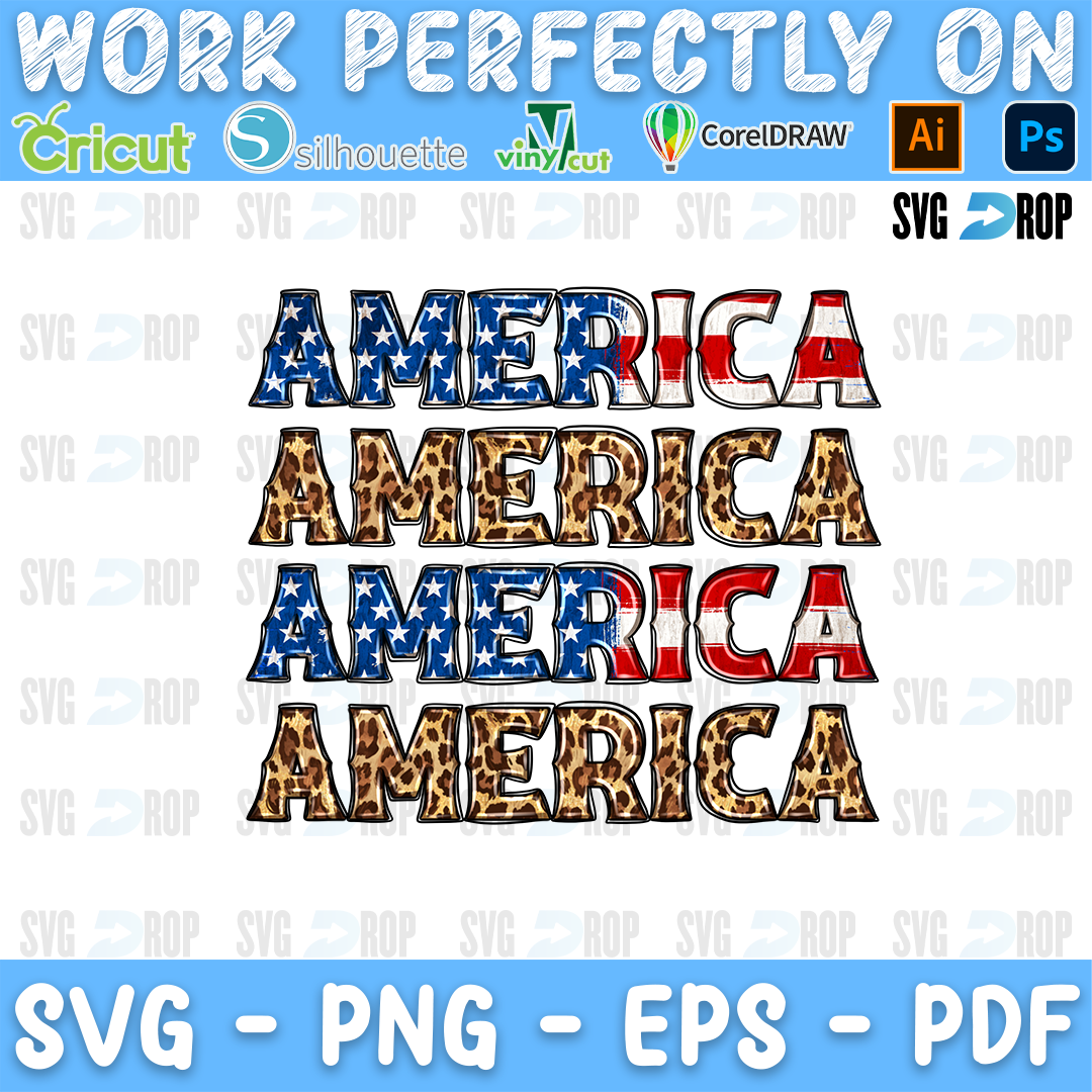 Stacked America lettering in American flag and leopard letters. Sublimation PNG