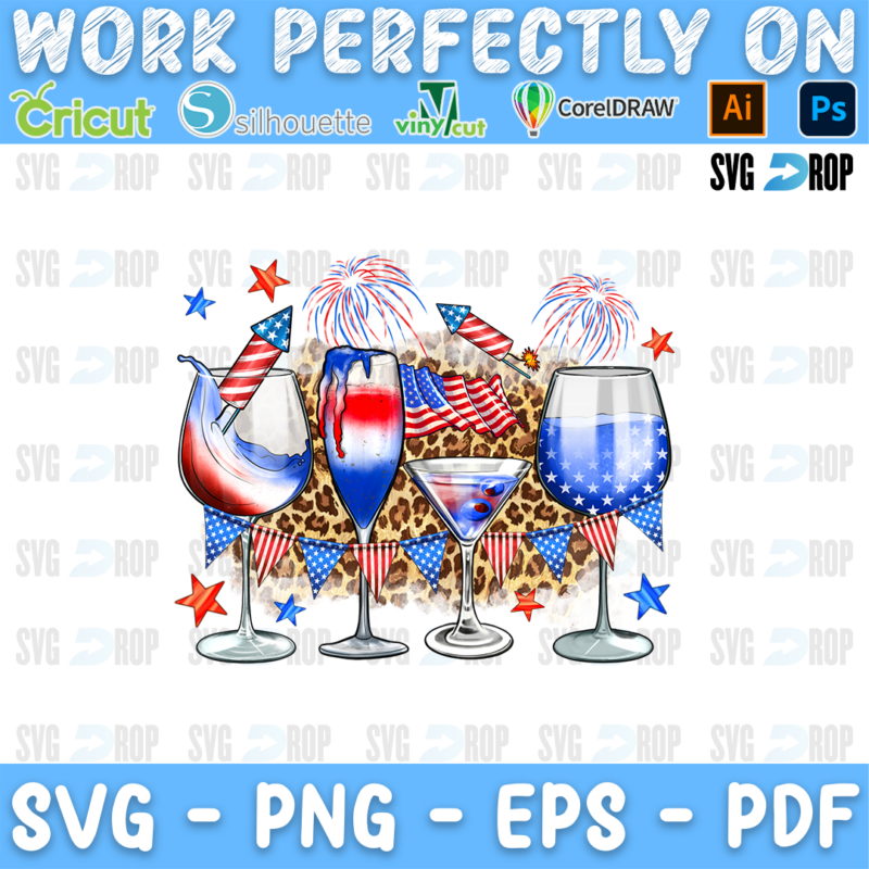 Patriotic wine glasses and cocktails in red, white and blue with fireworks and bunting. Sublimation PNG