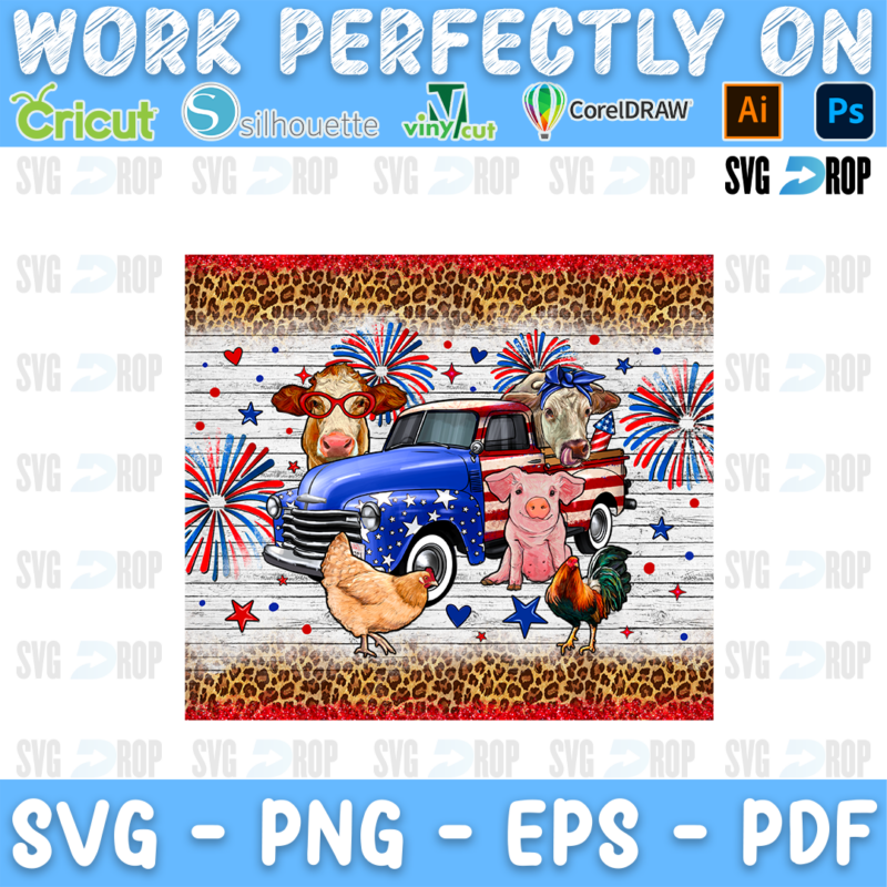 A blue pickup truck carrying a cow, a goat and a pig with chickens and fireworks on white wood and leopard print. Sublimation PNG