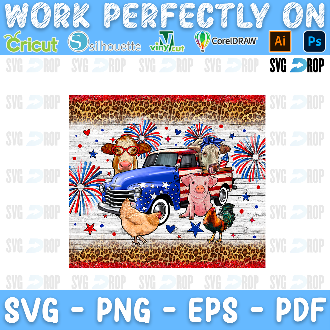 A blue pickup truck carrying a cow, a goat and a pig with chickens and fireworks on white wood and leopard print. Sublimation PNG