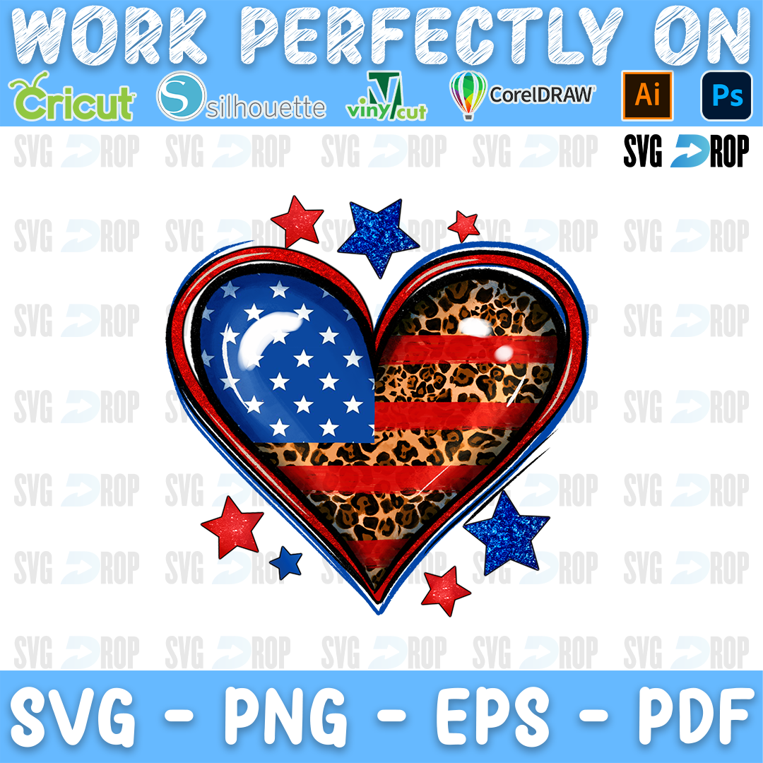 An American flag and leopard print heart with red and blue stars. Sublimation PNG