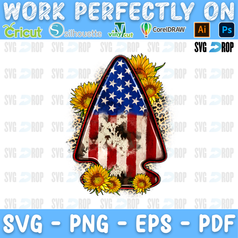 An American flag and cowhide arrowhead with sunflowers. Sublimation PNG