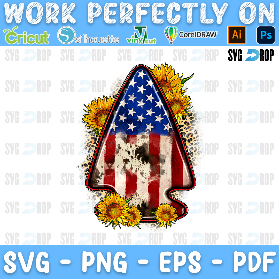 An American flag and cowhide arrowhead with sunflowers. Sublimation PNG