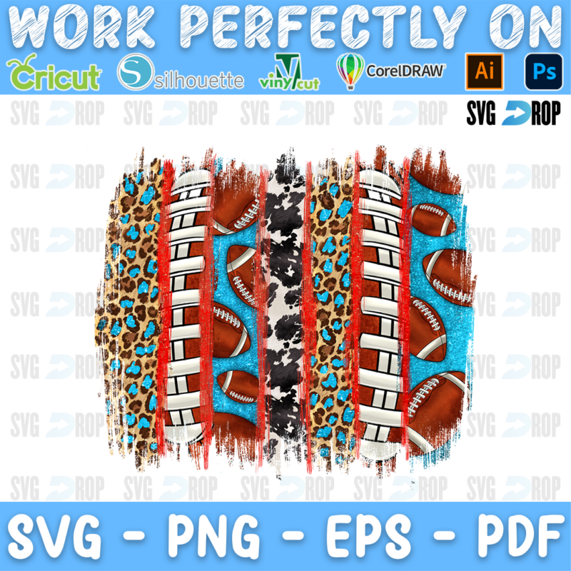Football, leopard, turquoise and cowhide brushstroke stripes with footballs. Sublimation PNG