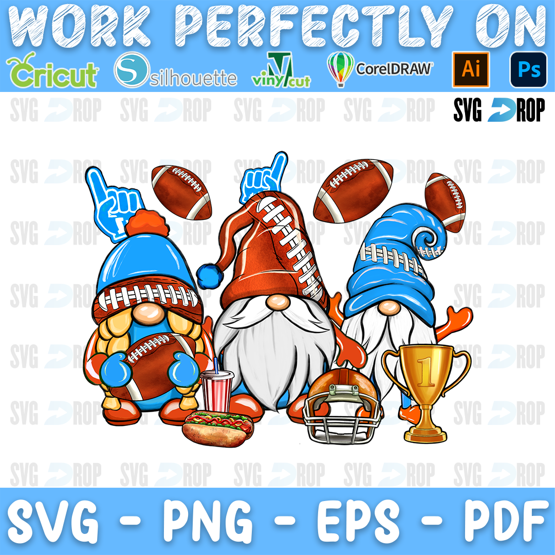 Three football gnomes in blue and orange with footballs, a helmet, a trophy, foam fingers and a hot dog. Sublimation PNG
