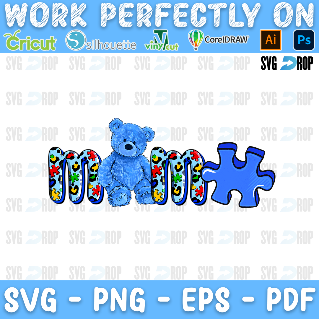 Mom lettering in puzzle letters with a blue teddy bear and a blue puzzle piece. Sublimation PNG