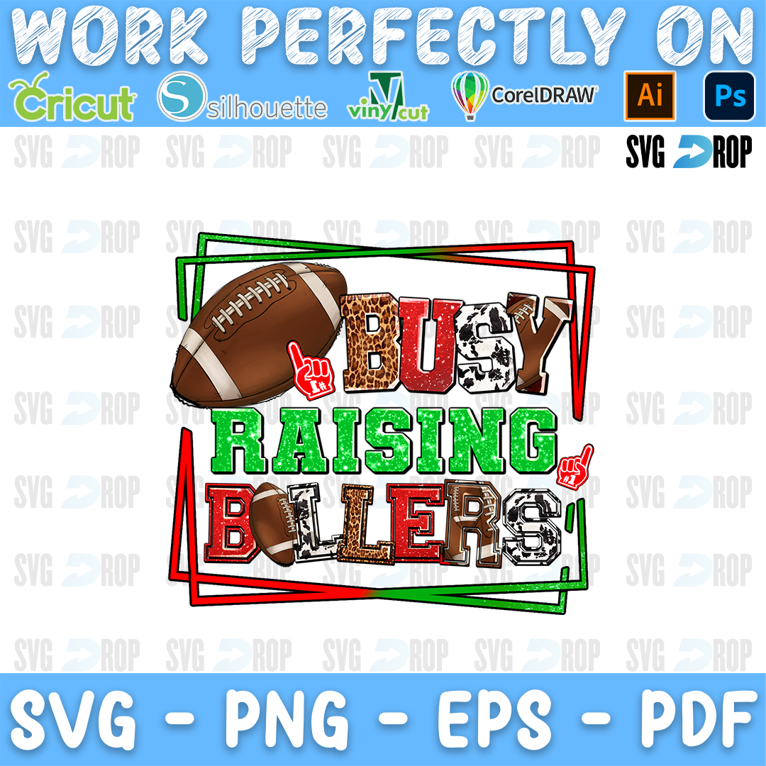 Busy Raising Ballers lettering in leopard, green and cowhide letters with a football and foam fingers in a red frame. Sublimation PNG