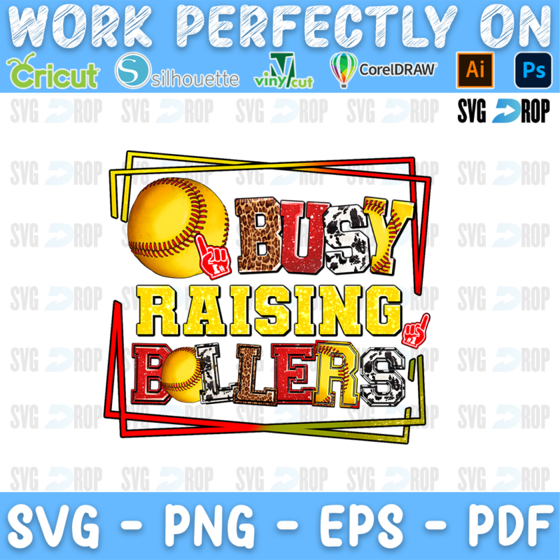 Busy Raising Ballers lettering in leopard, yellow and cowhide letters with a softball and foam fingers in a red frame. Sublimation PNG