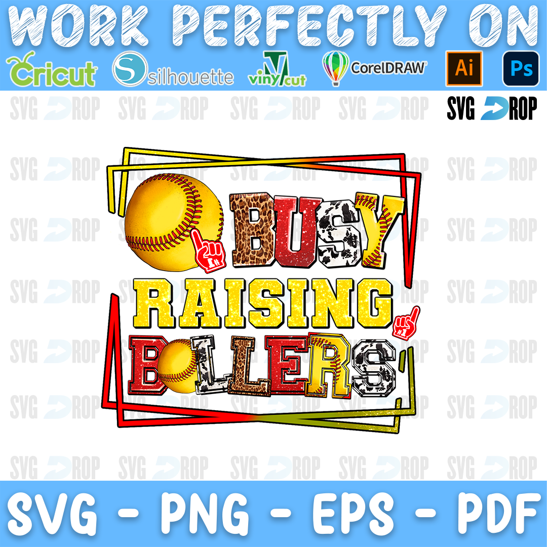 Busy Raising Ballers lettering in leopard, yellow and cowhide letters with a softball and foam fingers in a red frame. Sublimation PNG