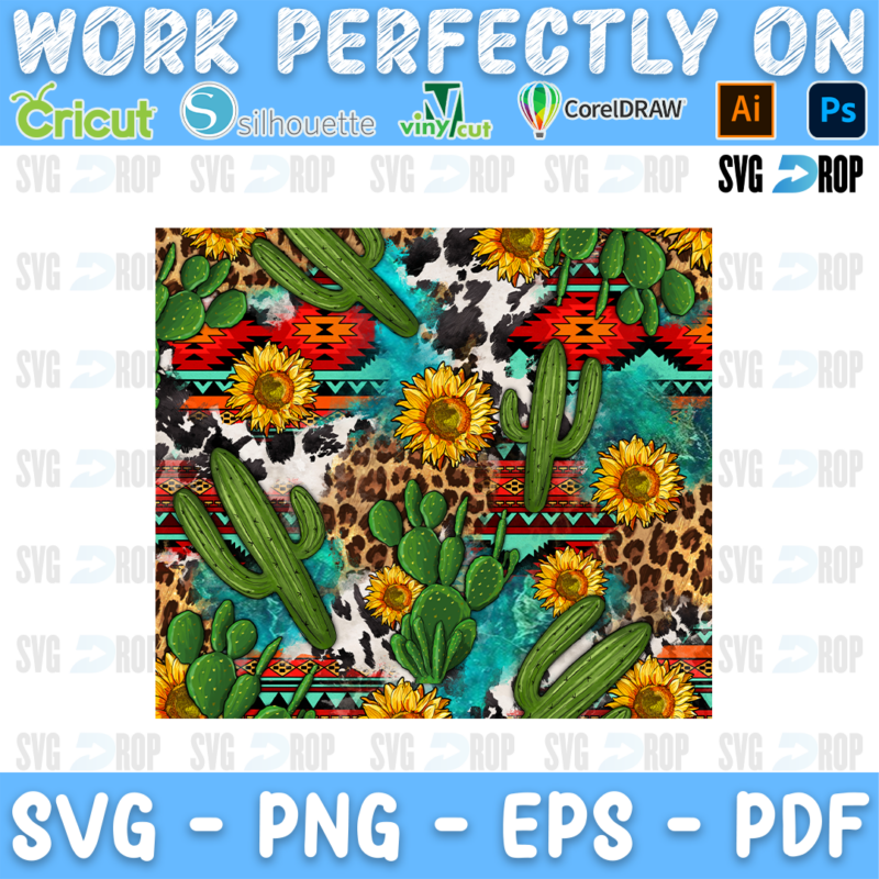 Green cactus and sunflowers on cowhide, Aztec, turquoise and leopard patches. Sublimation PNG