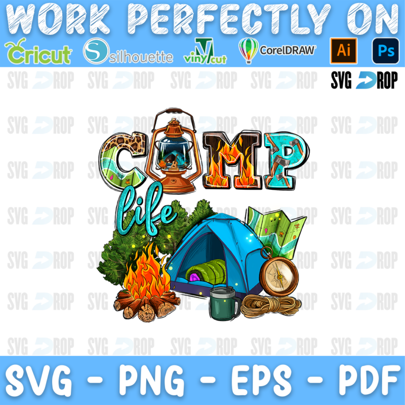 Camp Life lettering in turquoise and leopard with a lantern, a blue tent, a campfire and a compass. Sublimation PNG