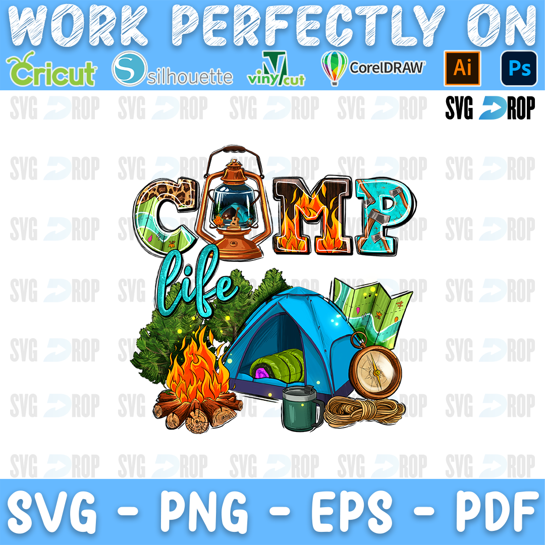 Camp Life lettering in turquoise and leopard with a lantern, a blue tent, a campfire and a compass. Sublimation PNG