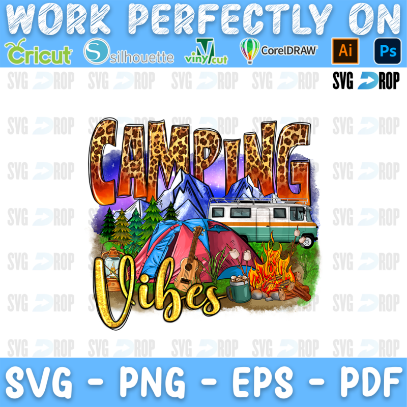 Camping Vibes lettering in leopard and yellow script letters with a camper van, a tent, mountains and a campfire. Sublimation PNG
