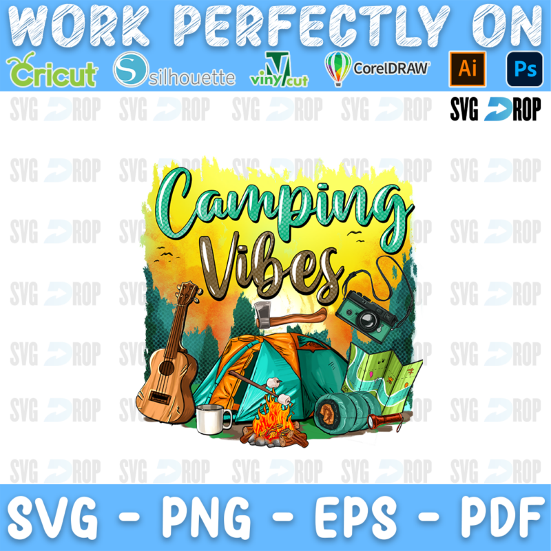 Camping Vibes lettering in turquoise script with a guitar, a tent, a campfire and a camera at sunset. Sublimation PNG