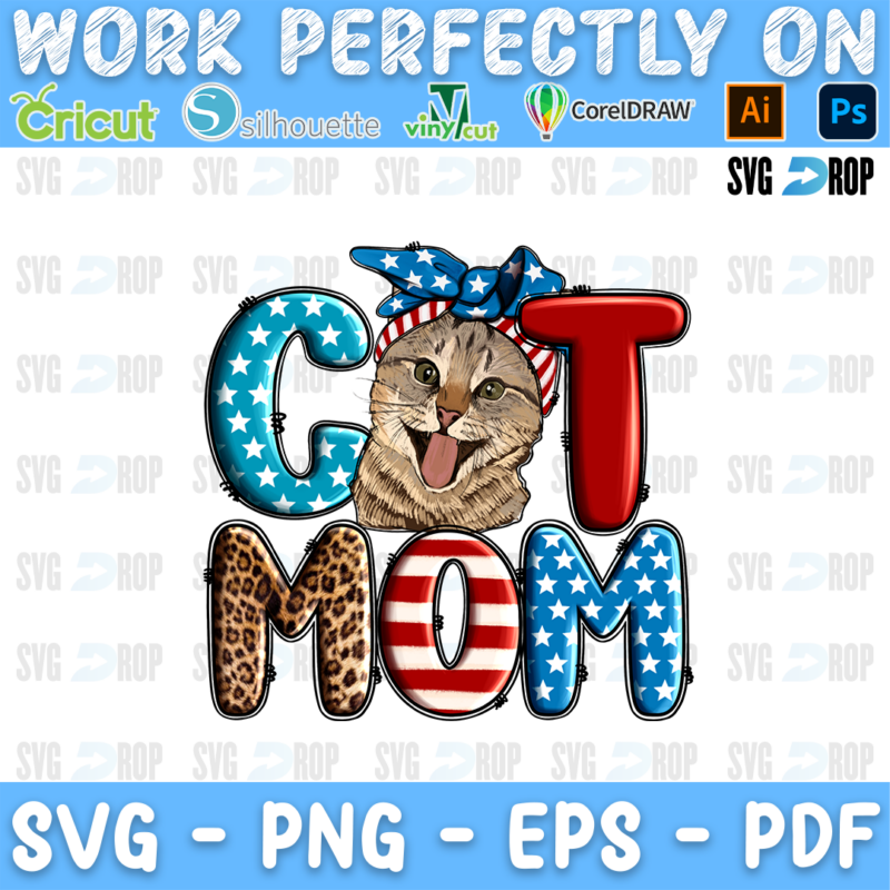 Cat Mom lettering in blue star, red and leopard letters with a tabby cat in a flag bandana. Sublimation PNG