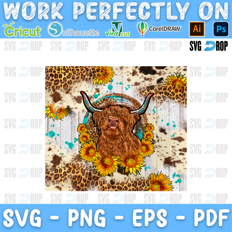 A highland cow with sunflowers and a turquoise border on cowhide, leopard and white wood. Sublimation PNG
