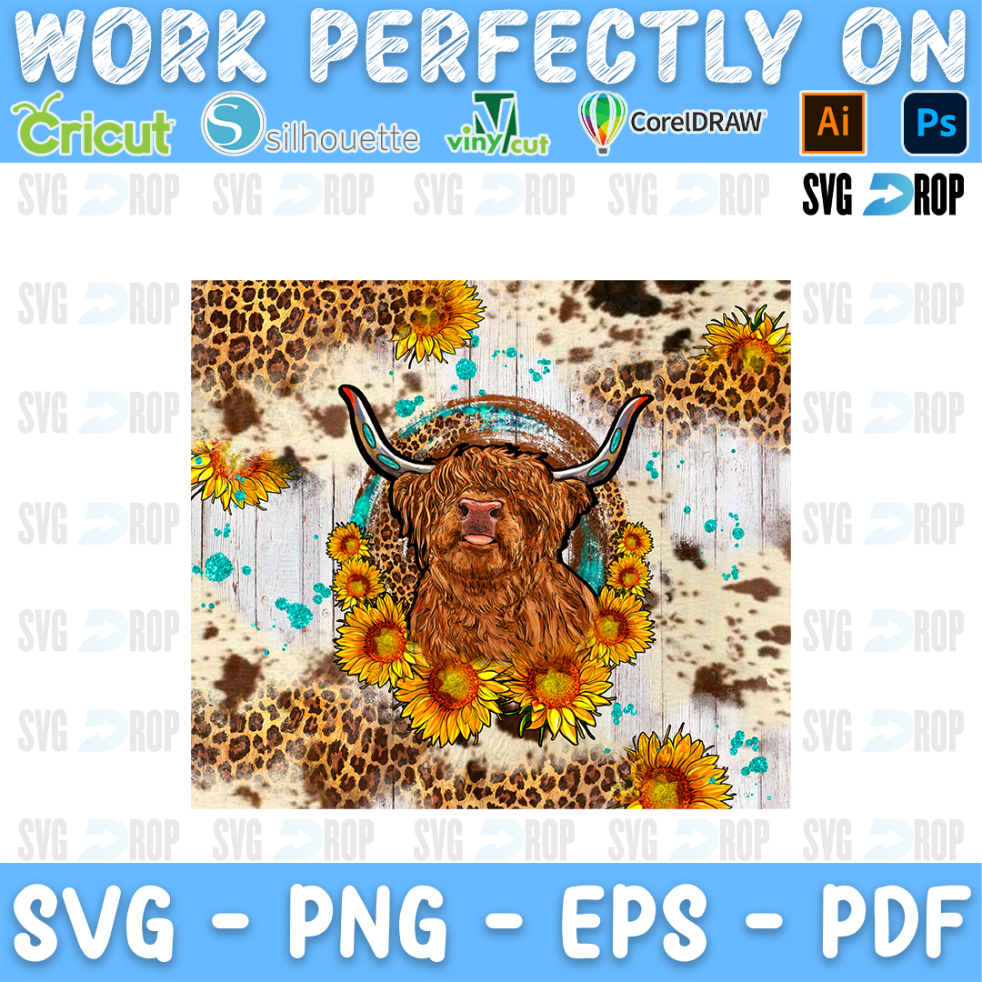A highland cow with sunflowers and a turquoise border on cowhide, leopard and white wood. Sublimation PNG