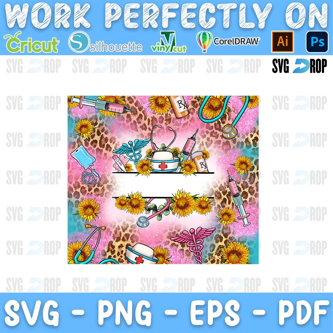 A nurse name frame with a nurse cap, a stethoscope and sunflowers on pink, turquoise and leopard. Sublimation PNG