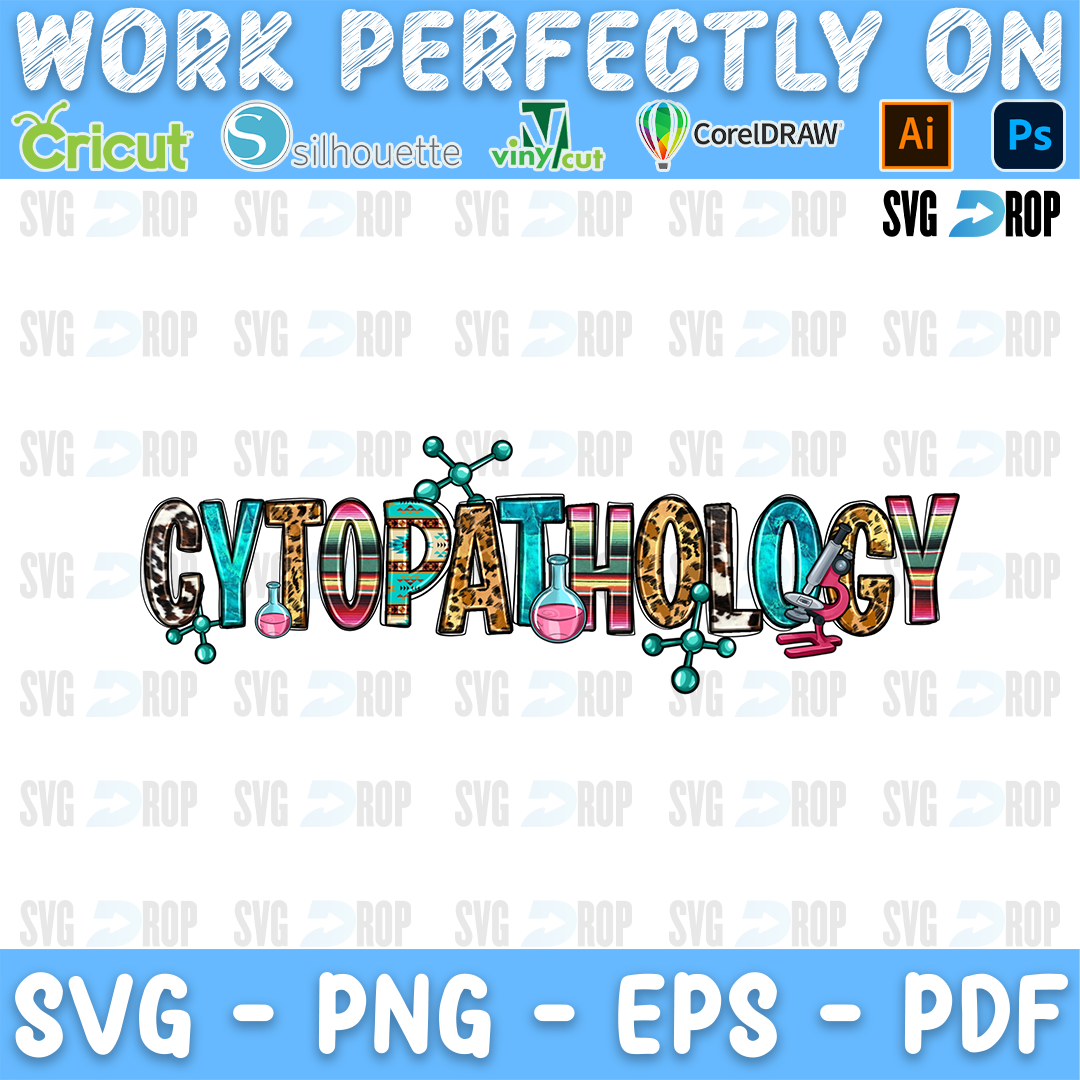 Cytopathology lettering in turquoise, leopard and serape letters with molecules and lab tools. Sublimation PNG