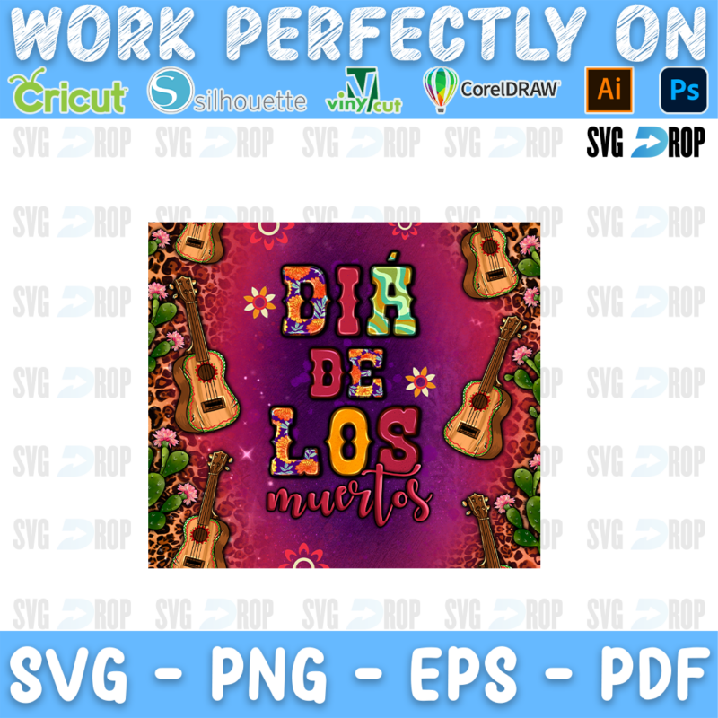 A Dia de Los Muertos design: the words Dia de Los Muertos over a purple and orange background framed by guitars and flowers. Sublimation PNG