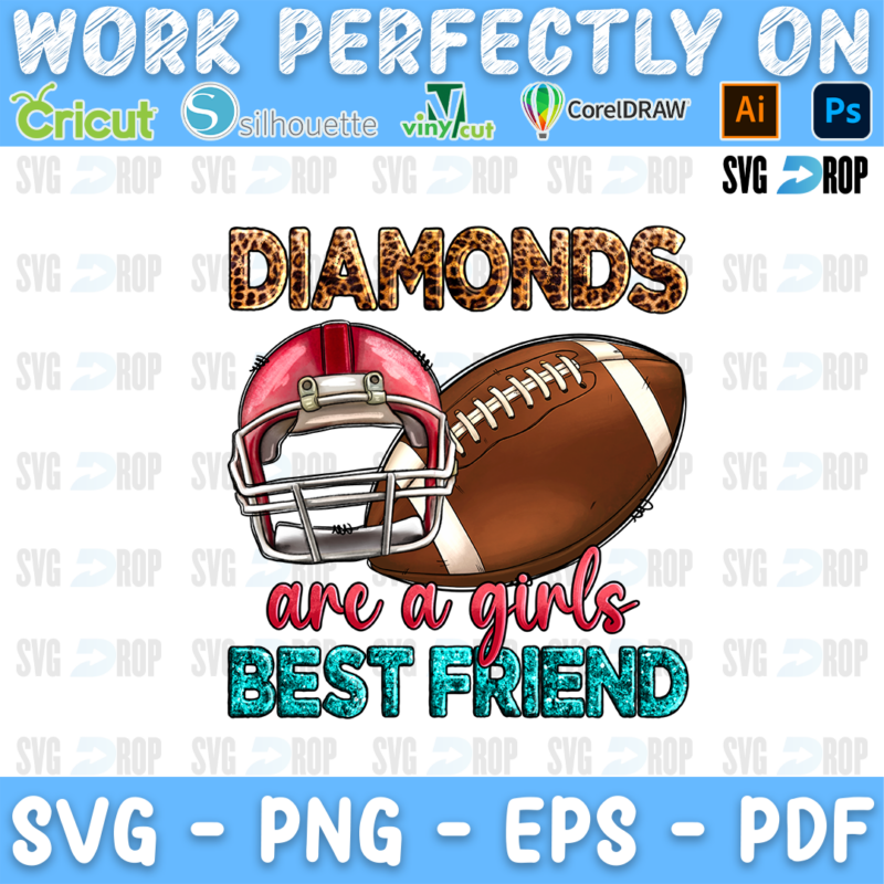 Diamonds Are a Girl's Best Friend lettering in leopard, pink script and turquoise letters with a football and a helmet. Sublimation PNG