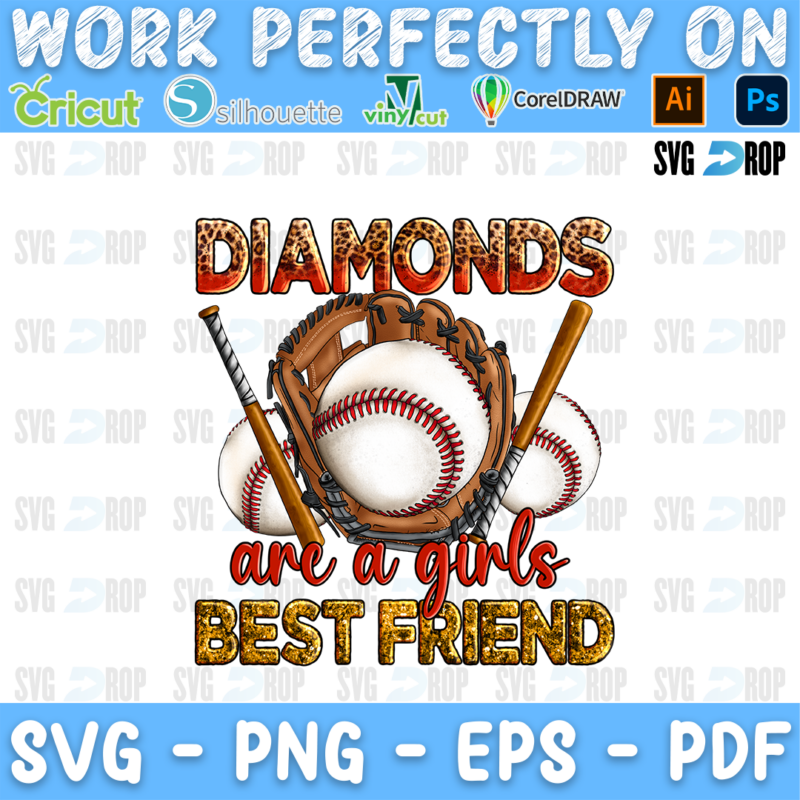 Diamonds Are a Girl's Best Friend lettering in red, red script and gold letters with a baseball glove, baseballs and bats. Sublimation PNG