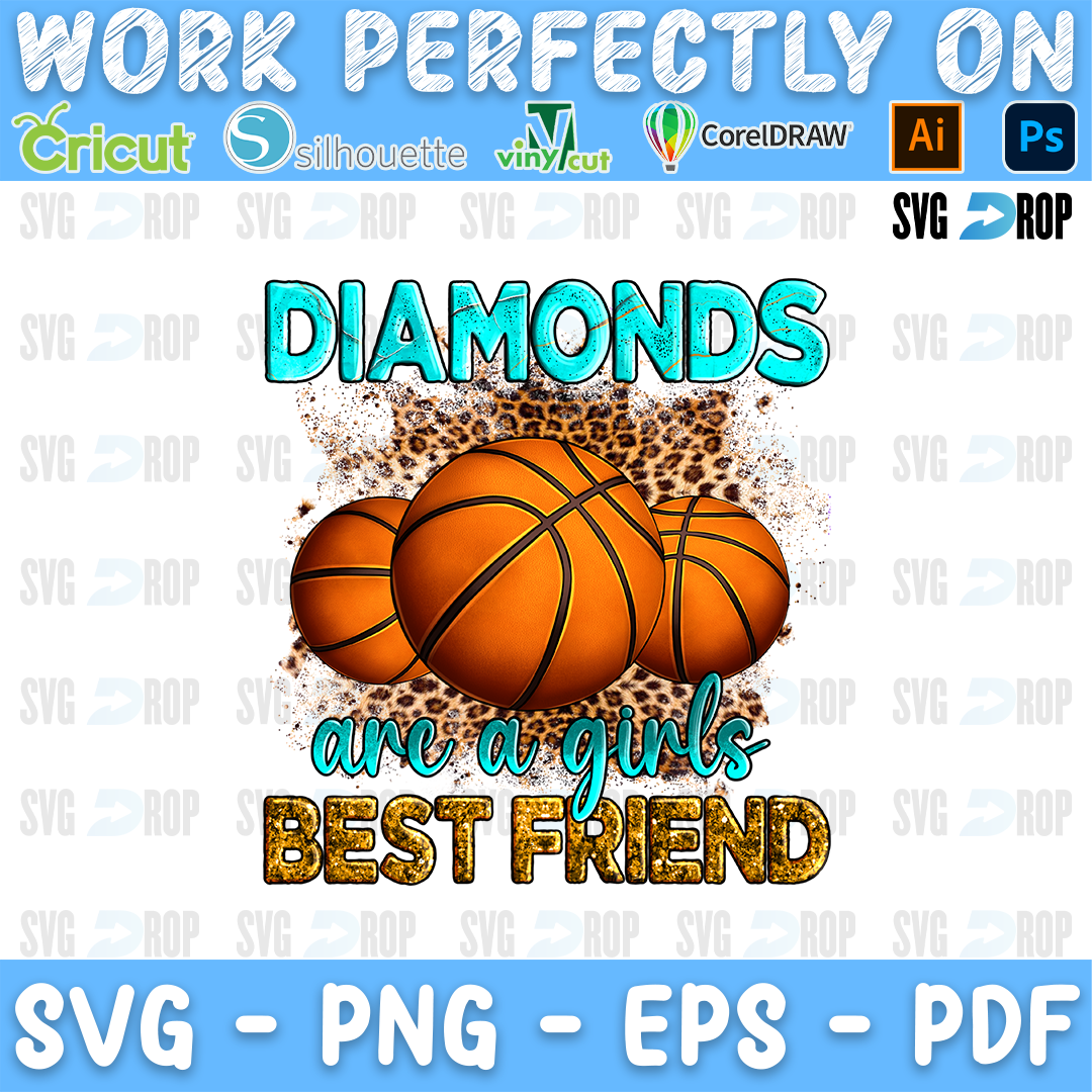 Diamonds Are a Girl's Best Friend lettering in turquoise, script and gold letters with basketballs on a leopard splash. Sublimation PNG