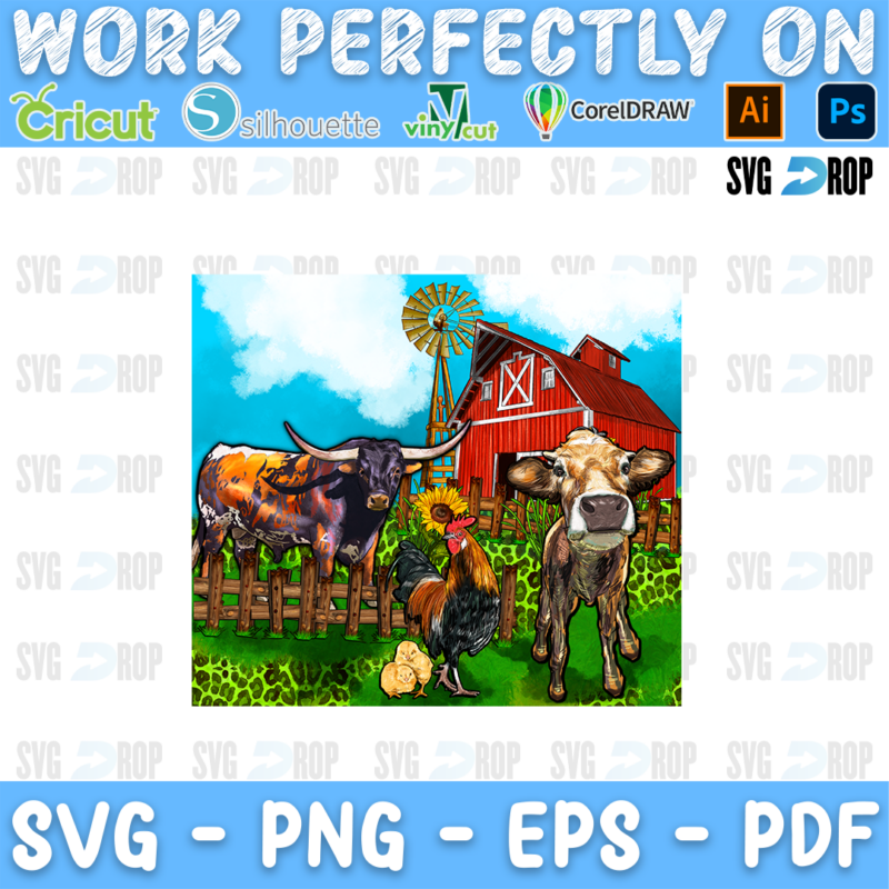 A farm scene with a longhorn bull, a rooster, a calf and a red barn behind a fence. Sublimation PNG