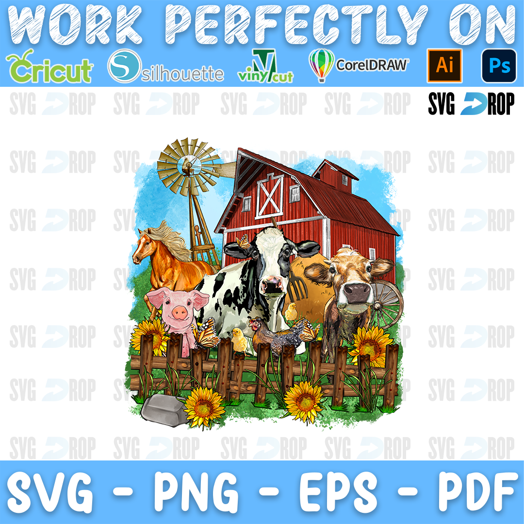 A farm scene with a horse, cows, a pig and chickens in front of a red barn and a windmill with sunflowers. Sublimation PNG