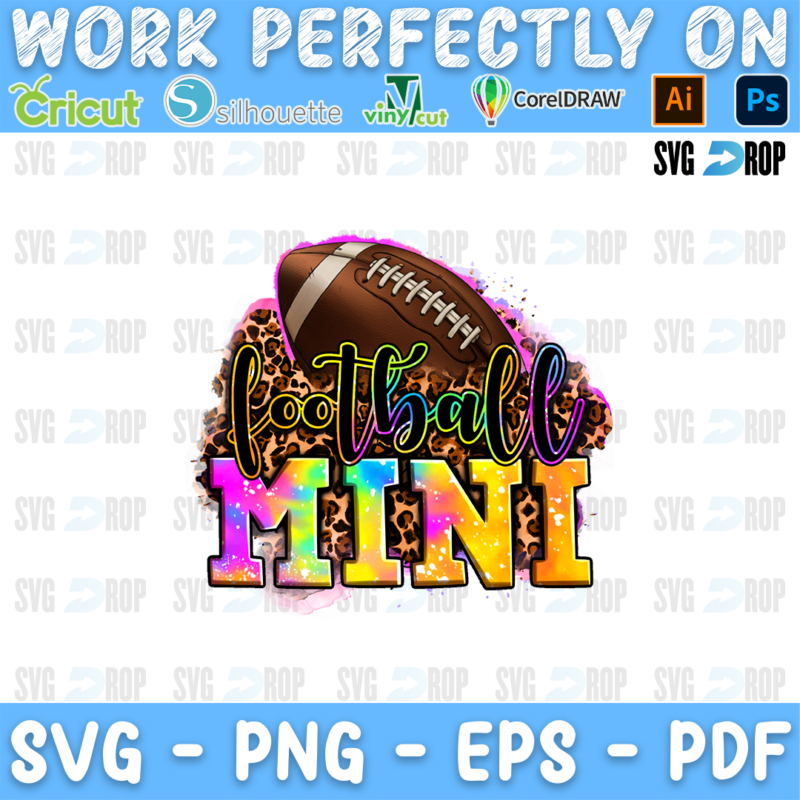 Football Mini lettering in black script and rainbow letters with a football on a leopard splash. Sublimation PNG