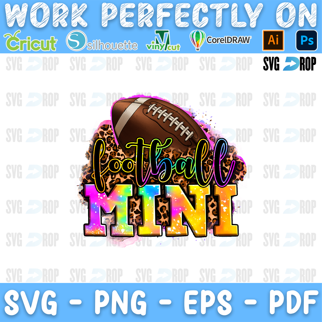 Football Mini lettering in black script and rainbow letters with a football on a leopard splash. Sublimation PNG