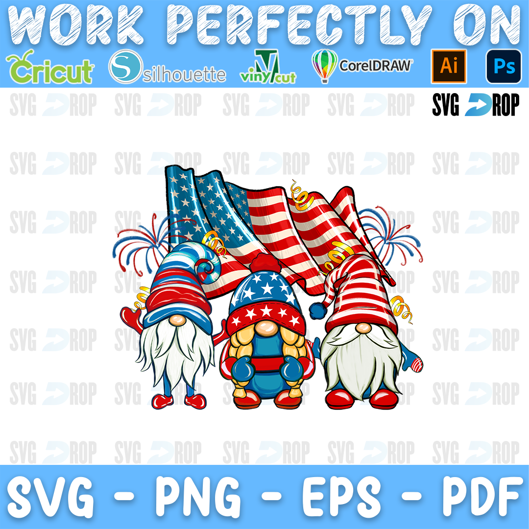 Three patriotic gnomes in red, white and blue with an American flag and fireworks. Sublimation PNG