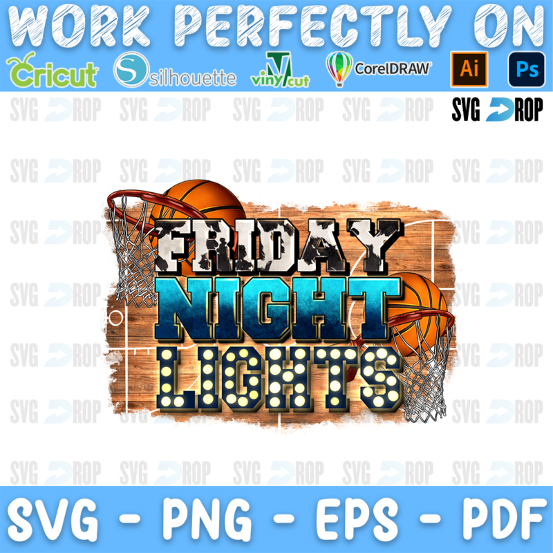 Friday Night Lights lettering in silver, blue and marquee light letters on a basketball court with basketballs and hoops. Sublimation PNG