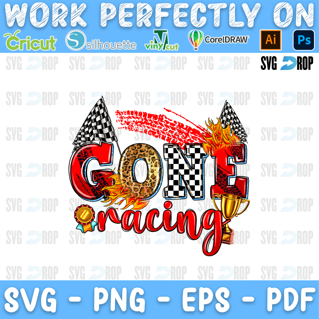 Gone Racing lettering in red, leopard and checkered letters with red script, flames, checkered flags and a trophy. Sublimation PNG