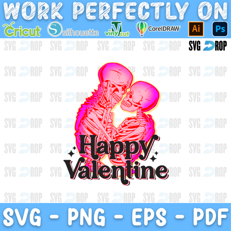 Two skeletons kissing in pink with Happy Valentine lettering. Sublimation PNG