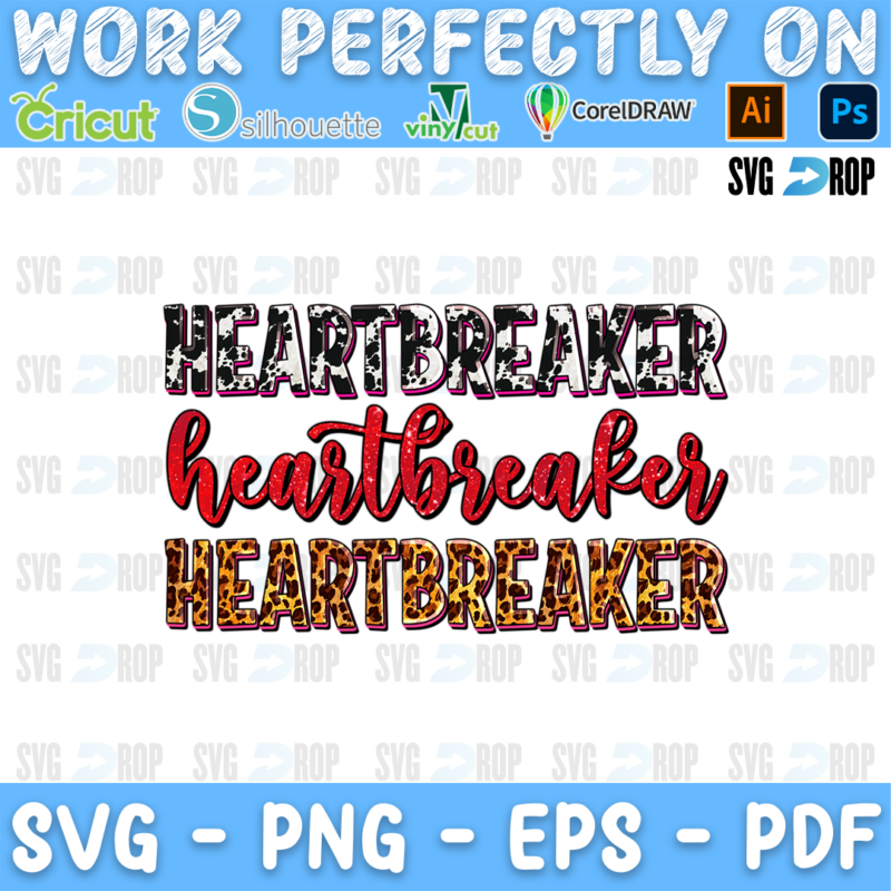 Stacked Heartbreaker lettering in black and white, red script and leopard letters. Sublimation PNG